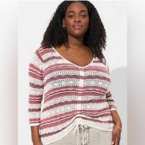 Torrid Open Stitch Striped Pullover V-Neck Cinched Front Sweater Top